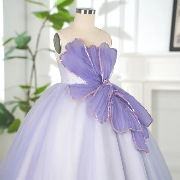 Chic / Beautiful Lavender Sequins Birthday Flower Girl Dresses 2025 Ball Gown Strapless Sleeveless Backless Floor-Length / Long Flower Girl Dresses