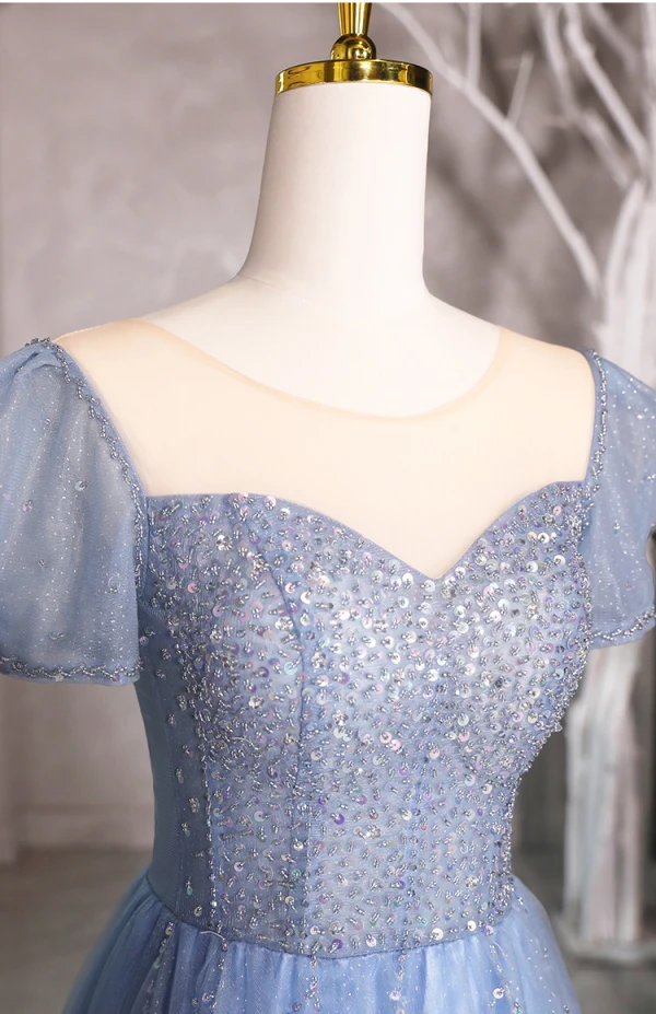 Bling Bling Bleu Ciel Perlage Paillettes Robe De Bal 2024 Princesse Encolure Carrée Manches Courtes Dos Nu Longue Promo Robe De Ceremonie