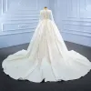 Luxury / Gorgeous Modest  Muslim Ivory Satin Wedding Dresses 2021 Trumpet / Mermaid High Neck Long Sleeve Beading Pearl Crossed Straps Detachable Cathedral Train Church Winter