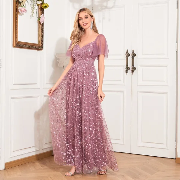 Elegant Blushing Pink Lace Flower Prom Dresses 2024 A-Line / Princess Square Neckline Short Sleeve Backless Floor-Length / Long Prom Formal Dresses