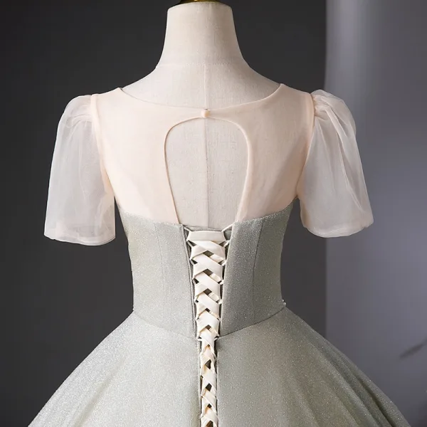 Chic / Beautiful Silver Glitter Prom Dresses 2024 Ball Gown V-Neck Short Sleeve Backless Floor-Length / Long Prom Formal Dresses