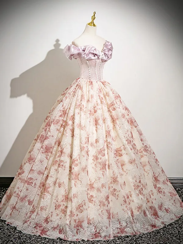 Elegant Blushing Pink Printing Prom Dresses 2025 Ball Gown Ruffle Off-The-Shoulder Sleeveless Backless Floor-Length / Long Prom Formal Dresses
