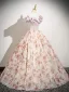 Elegant Blushing Pink Printing Prom Dresses 2025 Ball Gown Ruffle Off-The-Shoulder Sleeveless Backless Floor-Length / Long Prom Formal Dresses