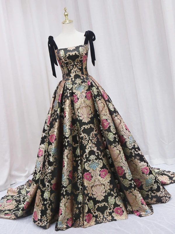 Vintage / Retro Black Printing Satin Prom Dresses 2024 Ball Gown Spaghetti Straps Sleeveless Backless Court Train Prom Formal Dresses