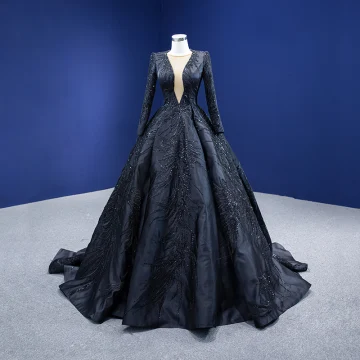Vintage Originale Haut De Gamme Noire Fait Main Perlage Paillettes Robe De Bal 2022 Robe Boule Encolure Dégagée Manches Longues Train De Balayage Robe De Ceremonie