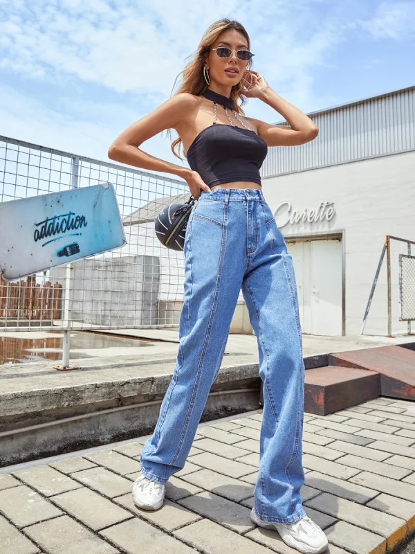 Fashion Women Street Wear Straight Jeans 2021 Ocean Blue Pants Denim Bottoms