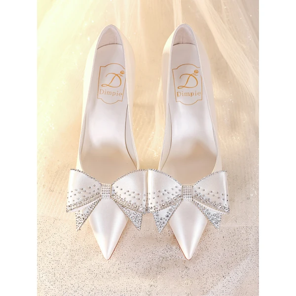 Fashion Ivory Rhinestone Bow Wedding Shoes 2023 Leather 8 cm Stiletto Heels Pointed Toe Wedding Pumps High Heels
