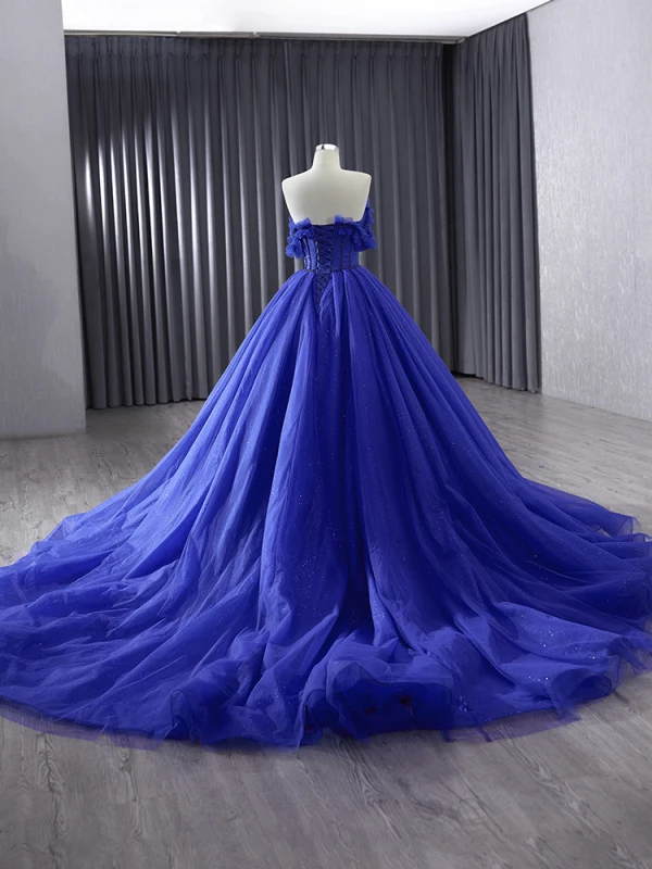 High-end Kongeblå Glitter Håndlavet Beading Rhinestone Gallakjoler 2024 Balkjole Stropløs Ærmeløs Halterneck Chapel Train Galla Kjoler