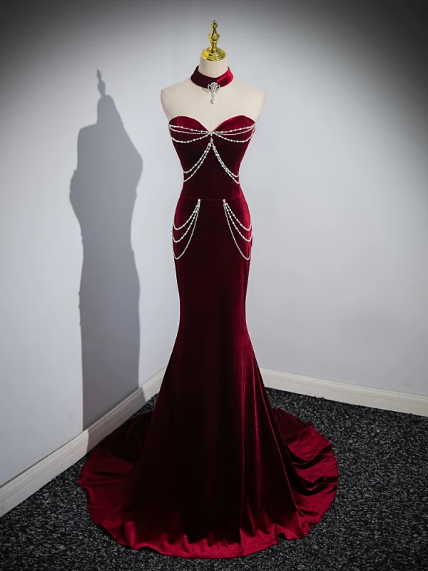 Sexy Burgundy Beading Pearl Velvet Evening Dresses 2023 Trumpet / Mermaid Off-The-Shoulder Short Sleeve Backless Sweep Train Evening Party Formal Dresses