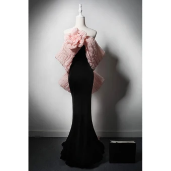 Sexy Noire Fleur Velours Robe De Soirée 2024 Trompette Sirène De L Épaule Sans Manches Dos Nu Noeud Train De Balayage Soirée Robe De Ceremonie