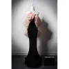 Sexy Black Flower Velvet Evening Dresses 2024 Trumpet / Mermaid Off-The-Shoulder Sleeveless Backless Bow Sweep Train Evening Party Formal Dresses