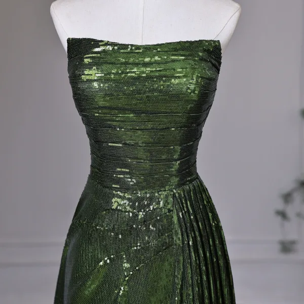 Vintage / Retro Dark Green Sequins Evening Dresses  2026 A-Line / Princess Strapless Sleeveless Backless