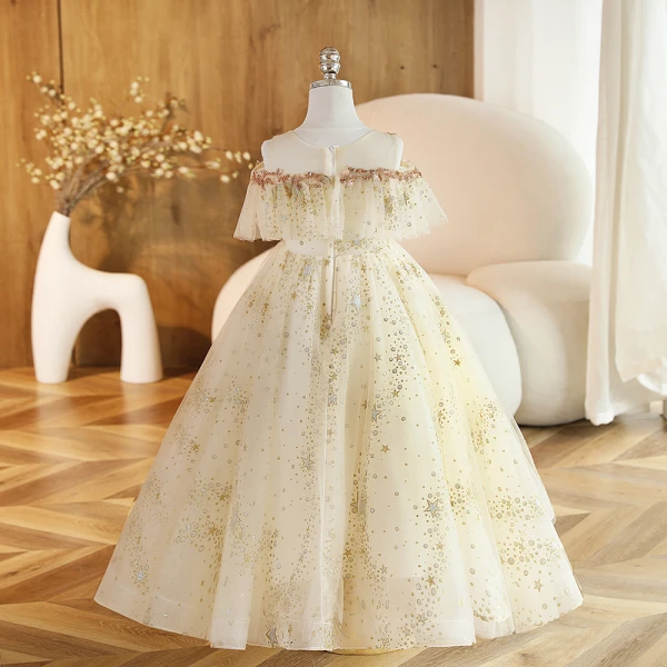Charming Champagne Beading Sequins Birthday Flower Girl Dresses 2023 Ball Gown Scoop Neck Short Sleeve Backless Floor-Length / Long Flower Girl Dresses
