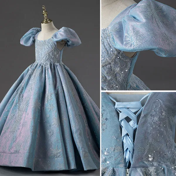 Chic / Beautiful Sky Blue Beading Sequins Flower Girl Dresses 2022 Ball Gown Square Neckline Puffy Short Sleeve Backless Prom Sweep Train Flower Girl Dresses