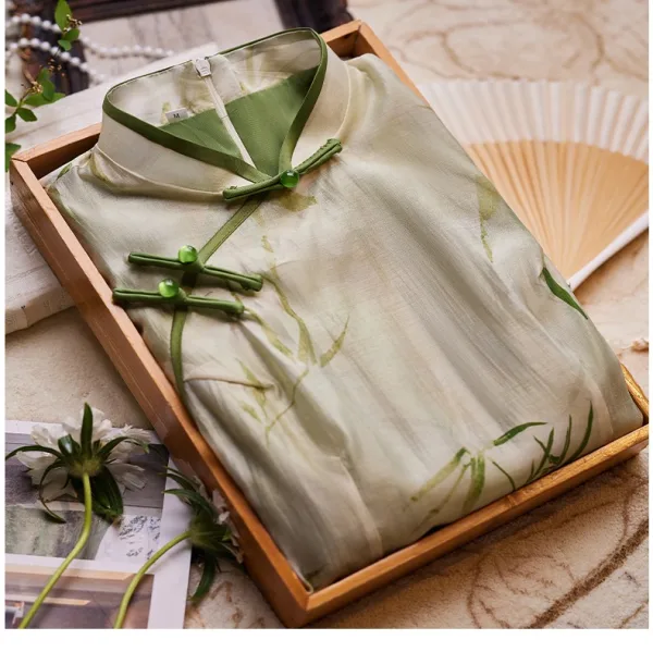 Chinese style Sage Green Printing Summer Tea-length Cheongsam 2024 Trumpet / Mermaid High Neck Short Sleeve