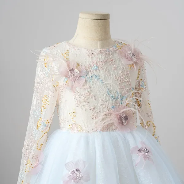 Chic / Beautiful White Appliques Sequins Birthday Flower Girl Dresses 2025 A-Line / Princess Scoop Neck Long Sleeve Floor-Length / Long Flower Girl Dresses