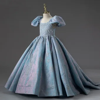 Chic Belle Bleu Ciel Perlage Paillettes Robe Ceremonie Fille 2022 Robe Boule Encolure Carrée Gonflée Manches Courtes Dos Nu Promo Train De Balayage Robe Ceremonie Fille