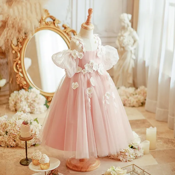 Flower Fairy Blushing Pink Appliques Birthday Flower Girl Dresses 2024 Ball Gown Spaghetti Straps Short Sleeve Backless Floor-Length / Long