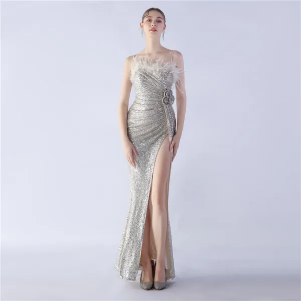 Charmant Bleu Marine Paillettes Fendue devant Robe De Soirée 2024 Trompette / Sirène Bretelles Spaghetti Gland Sans Manches Dos Nu Longue Soirée Robe De Ceremonie