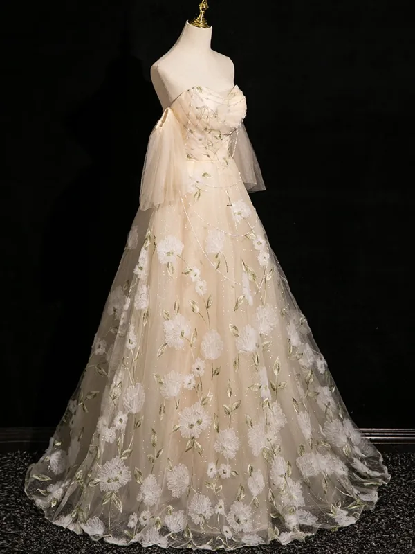 Chic / Beautiful Champagne Lace Flower Prom Dresses 2024 A-Line / Princess Strapless Sleeveless Backless Floor-Length / Long Prom Formal Dresses