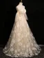 Chic / Beautiful Champagne Lace Flower Prom Dresses 2024 A-Line / Princess Strapless Sleeveless Backless Floor-Length / Long Prom Formal Dresses