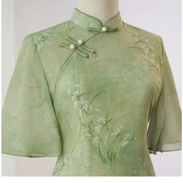 Chinese style Sage Green Printing Tea-length Cheongsam 2024 Trumpet / Mermaid High Neck Short Sleeve