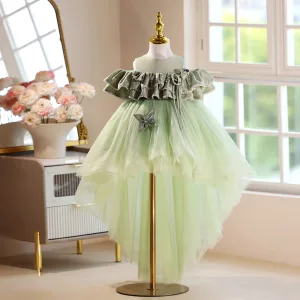Chic Beautiful Sage Green Pearl Ruffle Asymmetrical Birthday Flower Girl Dresses 2025 Ball Gown Scoop Neck Short Sleeve