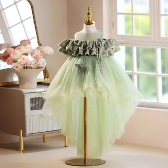 Chic Beautiful Sage Green Pearl Ruffle Asymmetrical Birthday Flower Girl Dresses 2025 Ball Gown Scoop Neck Short Sleeve