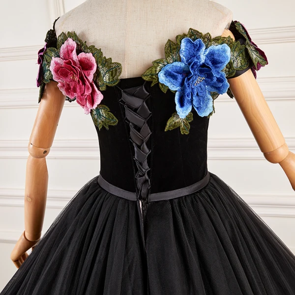 Ethnic Black Lace Flower Prom Dresses 2023 Ball Gown Off-The-Shoulder Short Sleeve Backless Bow Sash Floor-Length / Long Prom Formal Dresses