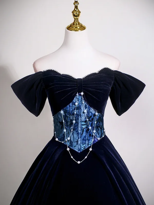 Vintage / Retro Navy Blue Velvet Prom Dresses 2025 Ball Gown Off-The-Shoulder Short Sleeve Backless Floor-Length / Long Prom Formal Dresses