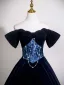 Vintage / Retro Navy Blue Velvet Prom Dresses 2025 Ball Gown Off-The-Shoulder Short Sleeve Backless Floor-Length / Long Prom Formal Dresses