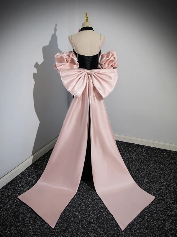 Sexy Noire Robe De Soirée 2023 Trompette / Sirène Bretelles Spaghetti Gonflée Manches Courtes Dos Nu Noeud Train De Balayage Soirée Robe De Ceremonie