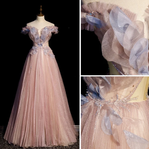 Charmant Dunkel Rosa Glanz Pailletten Ballkleider 2022 A Linie Off Shoulder Applikationen Kurze Ärmel Rückenfreies Lange Ball Festliche Kleider
