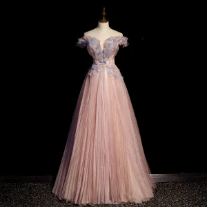 Charmant Rose Sombre Glitter Paillettes Robe De Bal 2022 Princesse De L Épaule Appliques Manches Courtes Dos Nu Longue Promo Robe De Ceremonie