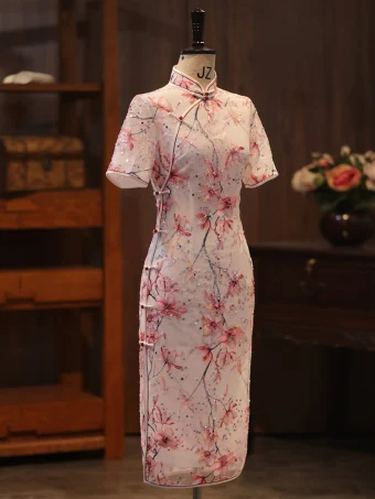 Chinese Style Blushing Pink Sequins Printing Evening Party Cheongsam 2024 Trumpet Mermaid High Neck Short Sleeve Tea Length