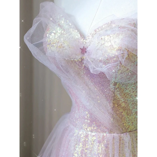 Charmant Rougissant Rose Paillettes Robe De Bal 2022 Princesse De l'épaule Manches Courtes Dos Nu Longue Robe De Ceremonie