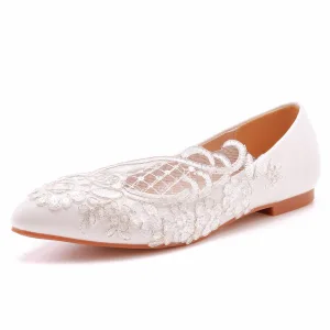 Elegante Witte Pailletten Kant Bloem Platte Bruidsschoenen 2023 Spitse Neus Huwelijk Hakken