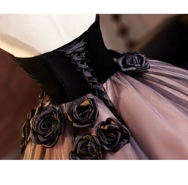 Elegant Quinceañera Black Appliques Prom Dresses 2025 Ball Gown Strapless Sleeveless Backless Floor-Length / Long Prom Formal Dresses