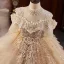 Scintillantes Champagne Perlage Faux Diamant En Dentelle Fleur Volants en Cascade Robe Ceremonie Fille 2024 Robe Boule Anniversaire Encolure Dégagée Manches Courtes Dos Nu Longue
