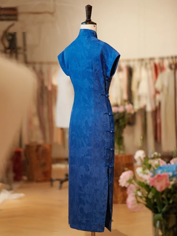 Vintage / Retro Ocean Blue Split Front Tea-length Cheongsam 2026 Trumpet / Mermaid High Neck Cap Sleeves
