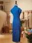 Vintage / Retro Ocean Blue Split Front Tea-length Cheongsam 2026 Trumpet / Mermaid High Neck Cap Sleeves