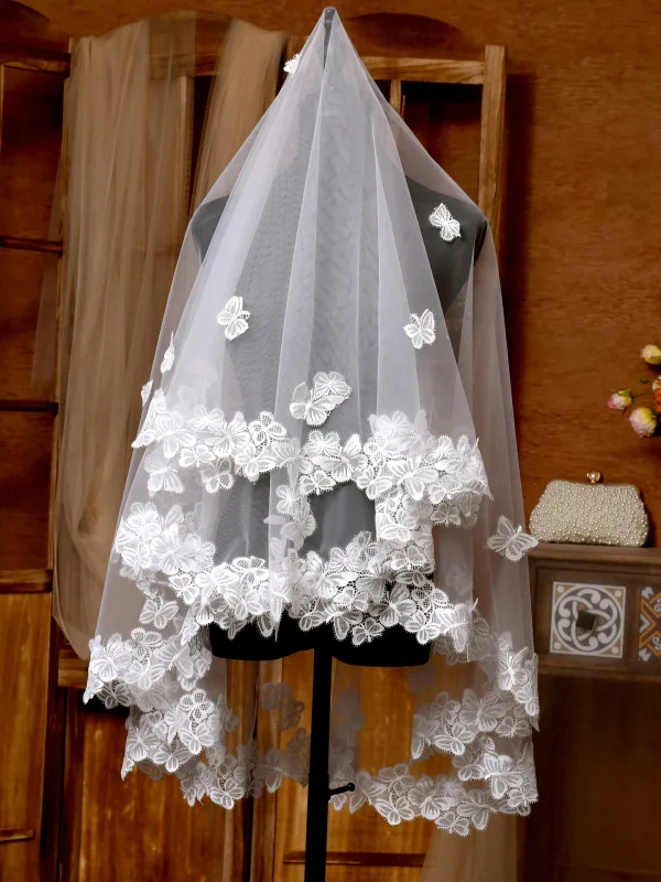 Elegant White Lace Butterfly 1.5 m Tulle Wedding Veils 2025