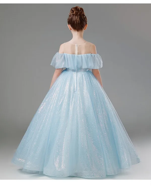 Chic / Beautiful Sky Blue Beading Sequins Birthday Flower Girl Dresses 2024 Ball Gown Scoop Neck Short Sleeve Floor-Length / Long Tulle