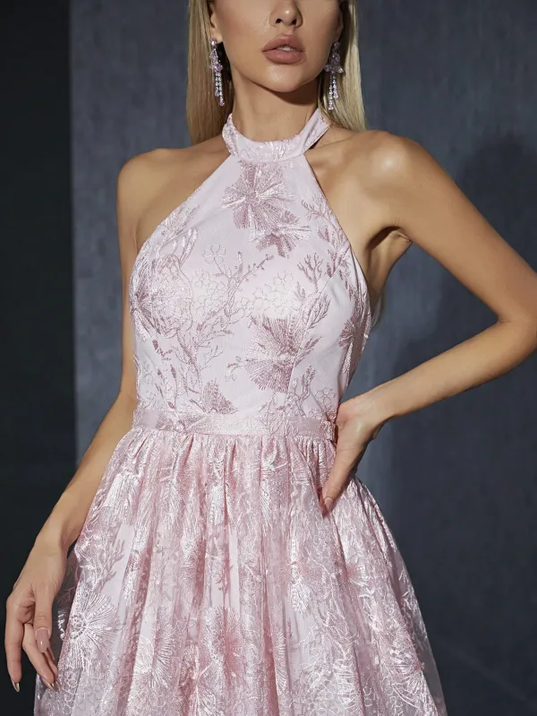 Chic / Beautiful Blushing Pink Lace Flower Prom Dresses 2025 A-Line / Princess High Neck Sleeveless Floor-Length / Long Formal Dresses
