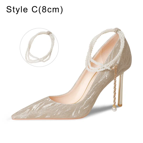 Charmant Champagne Paillettes Chaussure De Mariée 2022 Perle Bride Cheville 8 cm Talons Aiguilles À Bout Pointu Mariage Escarpins Talons Hauts