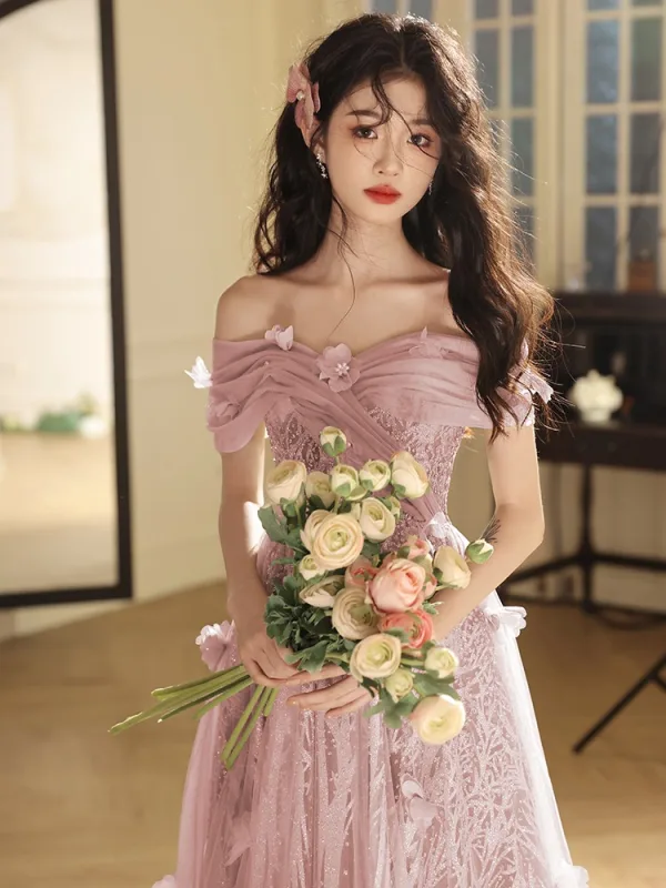 Chic / Beautiful Blushing Pink Beading Pearl Appliques Prom Dresses 2024 A-Line / Princess Off-The-Shoulder Short Sleeve Backless Floor-Length / Long Prom Formal Dresses