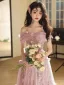 Chic / Beautiful Blushing Pink Beading Pearl Appliques Prom Dresses 2024 A-Line / Princess Off-The-Shoulder Short Sleeve Backless Floor-Length / Long Prom Formal Dresses
