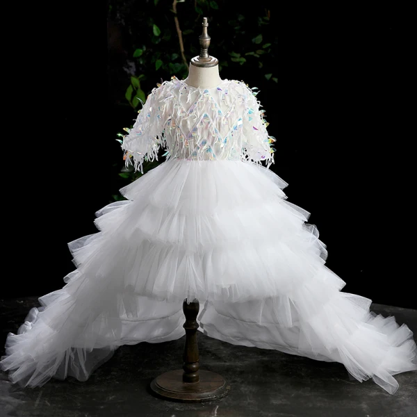 High Low Black Cascading Ruffles Prom Flower Girl Dresses 2022 Ball Gown Scoop Neck Sequins Short Sleeve Court Train Flower Girl Dresses