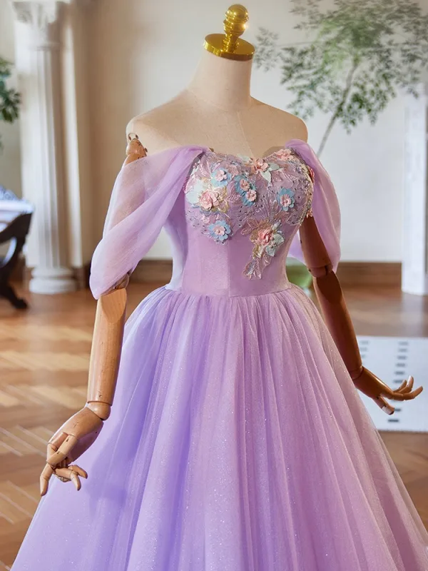 Elegant Lavender Pearl Lace Flower Appliques Prom Dresses 2024 Ball Gown Off-The-Shoulder Sleeveless Backless Floor-Length / Long Prom Formal Dresses
