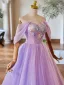 Elegant Lavender Pearl Lace Flower Appliques Prom Dresses 2024 Ball Gown Off-The-Shoulder Sleeveless Backless Floor-Length / Long Prom Formal Dresses